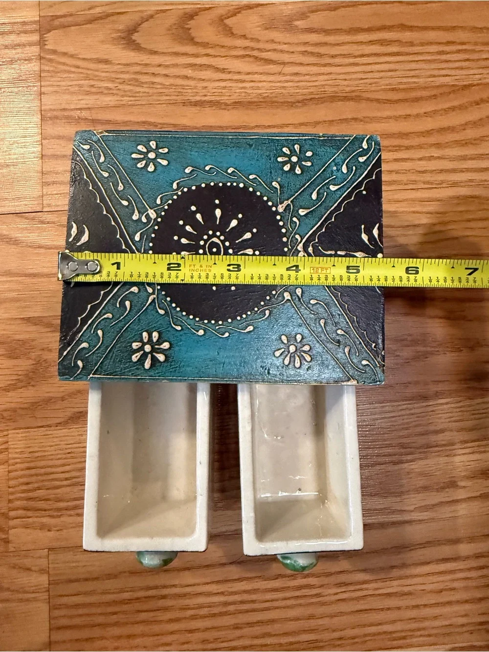 A hand-painted wooden & ceramic mini storage chest or trinket box
